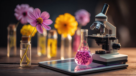 Digital microscope connected to tablet for magnified view of science samplesの素材