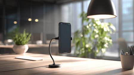 Adjustable gooseneck phone holder clamped to table edge in modern workspaceの素材