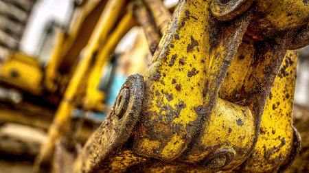Construction site machinery detail showing dirt-covered bucket and steel armsの素材