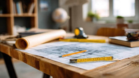 Construction plan layout across desk with measuring tape and geometry toolsの素材