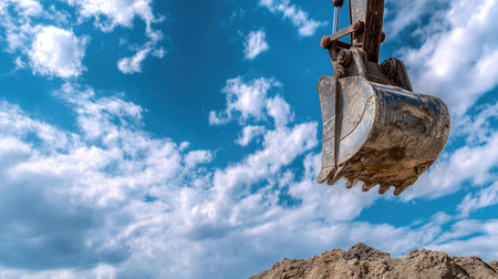 Excavator claw fully extended above dirt pile, shot with blue sky backdropの素材