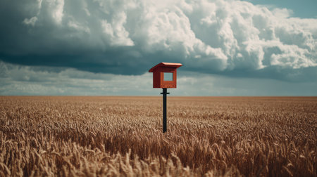 Internet-connected weather sensor station in middle of wheat fieldの素材