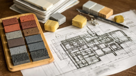 Construction schematics and material samples arranged neatly on architect's workspaceの素材