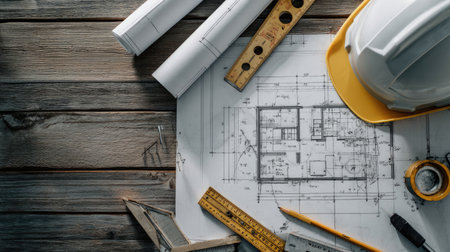 Construction plan layout across desk with measuring tape and geometry toolsの素材