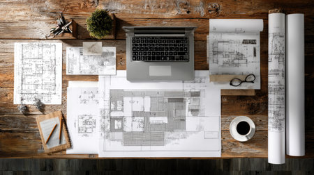Desk with architectural floor plan sketches, laptop and D model of a buildingの素材