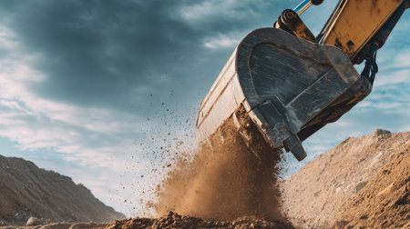 Excavator bucket captured as it loads earth into soil pile for site levelingの素材