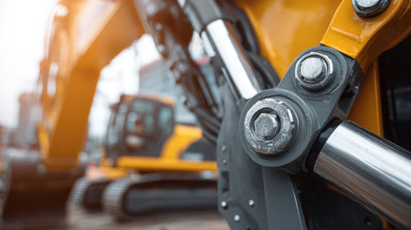 Detailed hydraulic cylinder and boom connection of excavator in motionの素材