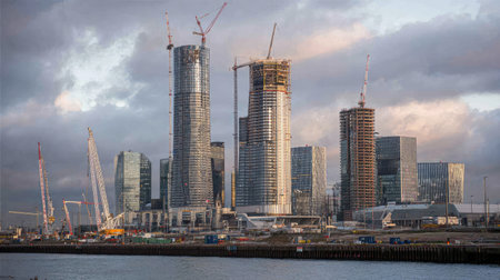 Dense construction site with multiple cranes and partially built towersの素材