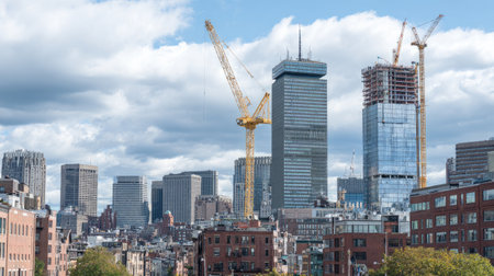 Cranes assembling glass-panel office buildings amid rising city skylineの素材