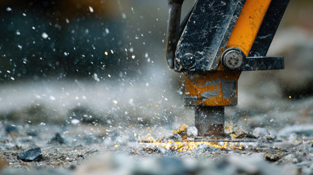 Industrial backhoe at site breaking compact ground with force, detailed view of bladeの素材