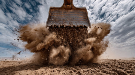 Front view of excavator bucket pushing dirt, ground particles spraying forwardの素材