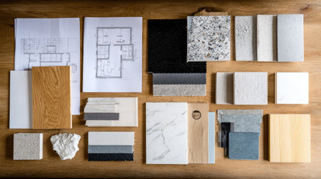 Construction schematics and material samples arranged neatly on architect's workspaceの素材