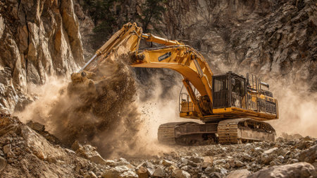 Dust and soil spraying as excavator digs rugged terrain for site developmentの素材