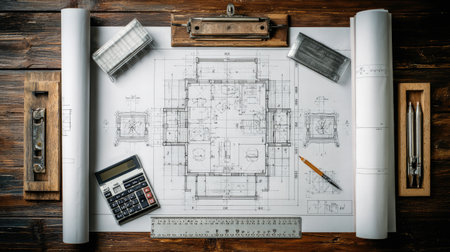 Detailed building layout printed on blueprint paper surrounded by office toolsの素材