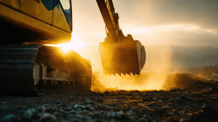 Excavating machine lifting soil with powerful metal teeth under morning lightの素材