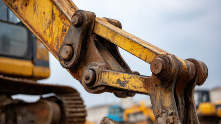 Detailed hydraulic cylinder and boom connection of excavator in motionの素材