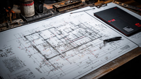 High-resolution building plans laid out with laser measure and technical sketchpadの素材