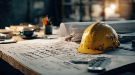 Engineer table filled with residential construction blueprints and framing diagramsの素材