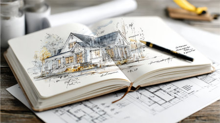 Open notebook with house sketches beside construction permit documentsの素材