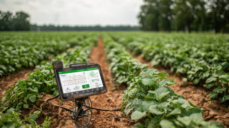 Live data feed display from smart farm network on digital monitor in fieldの素材