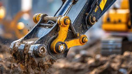 Heavy-duty backhoe arm in action, scooping dirt for foundation earthwork, detailed view of hydraulic jointsの素材