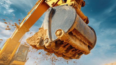 Hydraulic excavator claw breaking compact clay in close-up construction detailの素材
