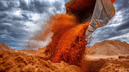 Excavator bucket captured as it loads earth into soil pile for site levelingの素材