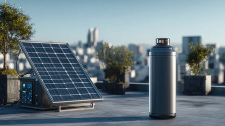 Home energy storage battery connected to rooftop solar panel via smart interfaceの素材
