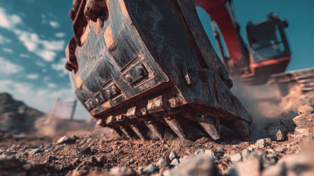 Industrial backhoe at site breaking compact ground with force, detailed view of bladeの素材