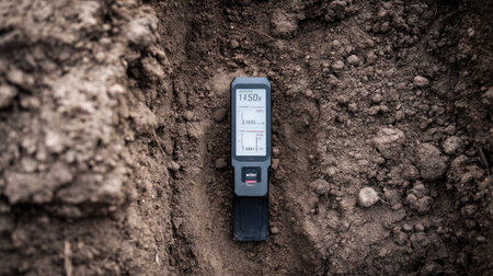 Digital soil nutrient meter stuck into earth, reading values in real timeの素材