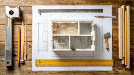 Minimalist workspace with house floor plans and measurement tools ready for designの素材