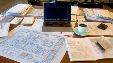 Neat workspace showing in-progress design for new building developmentの素材