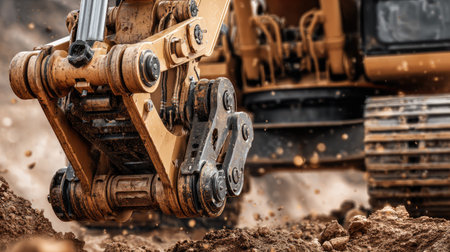 Heavy-duty backhoe arm in action, scooping dirt for foundation earthwork, detailed view of hydraulic jointsの素材