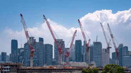 Multiple cranes working in coordination at central business district build zoneの素材