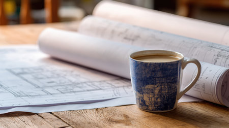 Rolled architectural blueprints next to unrolled site plan and coffee mug on wooden deskの素材