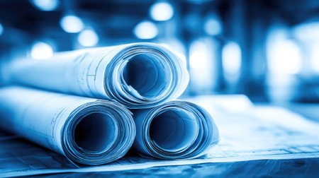 Rolled blueprints and construction documents ready for architectural projectの素材