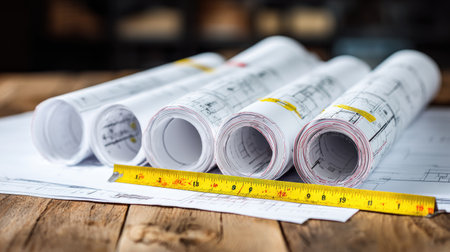Rolled blueprints and construction documents ready for architectural projectの素材