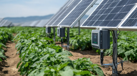Soil sensors and solar panel units installed in a row among field cropsの素材