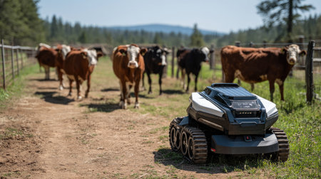 Solar-powered autonomous mower working on sustainable farm landの素材