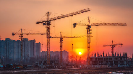 Tower cranes silhouetted against sunset sky over expanding city construction siteの素材