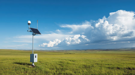 Solar-powered weather monitoring station installed on a rural farmlandの素材