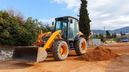 Side view of backhoe loader scooping topsoil during ground leveling operationの素材