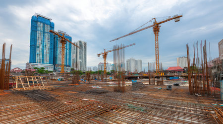 Steel rebar and formwork at construction base with tower cranes above urban backdropの素材