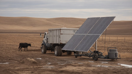 Solar panel array powering smart farm devices on open agricultural landの素材