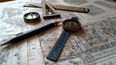 Top-down view of architectural drawing with compass, triangle ruler, and sketch notesの素材