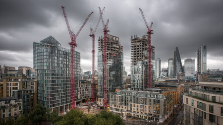Tower cranes working on mixed-use city development with exposed concreteの素材
