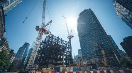 Tower cranes lifting steel frameworks at urban skyline development siteの素材