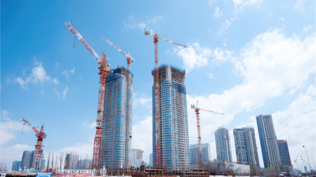 Tower cranes positioned above rising skyscrapers at urban construction site under blue skyの素材