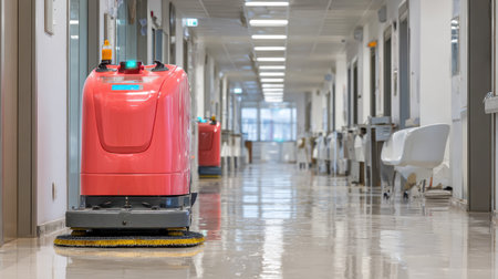 Automatic tile cleaner positioned under bright ceiling lights in corridorの素材