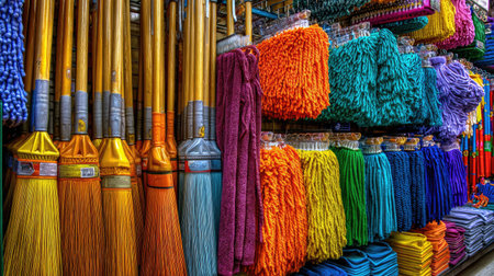 Cleaning rack with hanging mops, brooms, and dusters arranged by colorの素材